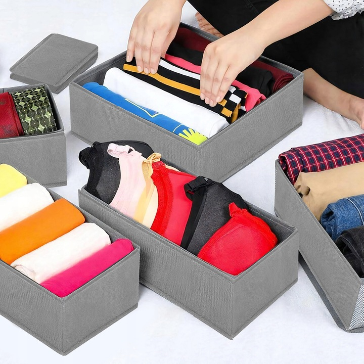 Set 6 Cutii Organizare pentru Dulapuri si Sertare, NewEvo, Stofa, Gri [6]