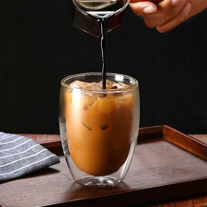 Set 6 pahare cu pereti dubli NewEvo®, termorezistente, pentru cafea, ceai, cafe latte, cappuccino, cu fund dublu, 350 ml, transparente [3]