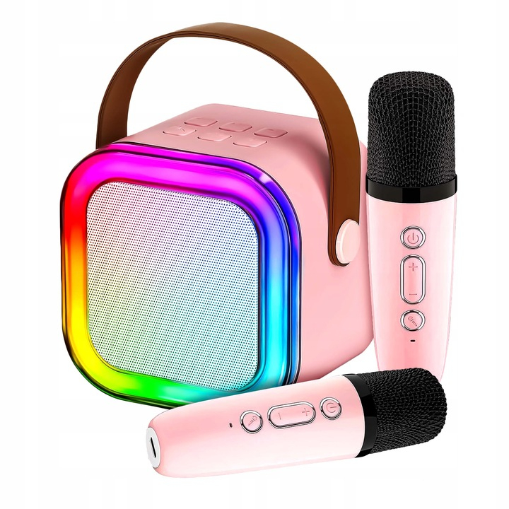 Set Boxa Bluetooth 5.3 Karaoke Cu 2 Microfoane Wireless, Pentru Adulti si Copii NewEvo®, Pentru Petreceri Si Spectacole, Lumini RGB, 4 Efecte Vocale, MicroSD Card, Type-C, Aux, Roz [1]