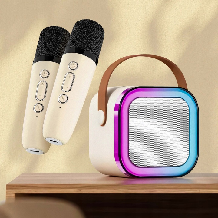 Set Boxa Bluetooth 5.3 Karaoke Cu 2 Microfoane Wireless, Pentru Adulti si Copii NewEvo®, Pentru Petreceri Si Spectacole, Lumini RGB, 4 Efecte Vocale, MicroSD Card, Type-C, Aux, Crem [4]