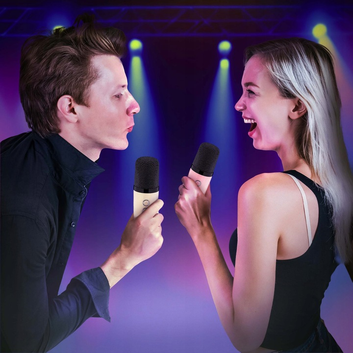 Set Boxa Bluetooth 5.3 Karaoke Cu 2 Microfoane Wireless, Pentru Adulti si Copii NewEvo®, Pentru Petreceri Si Spectacole, Lumini RGB, 4 Efecte Vocale, MicroSD Card, Type-C, Aux, Crem [5]
