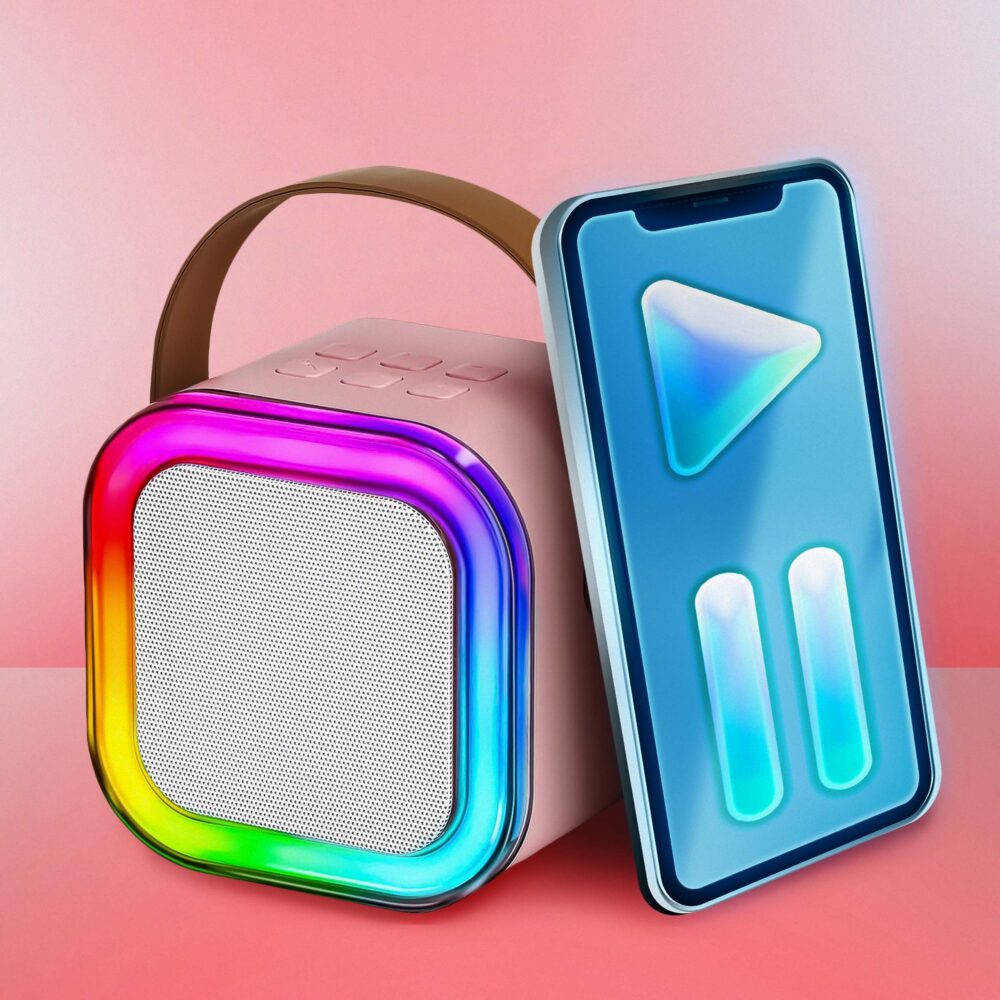 Set Boxa Bluetooth 5.3 Karaoke Cu 2 Microfoane Wireless, Pentru Adulti si Copii NewEvo®, Pentru Petreceri Si Spectacole, Lumini RGB, 4 Efecte Vocale, MicroSD Card, Type-C, Aux, Roz [9]