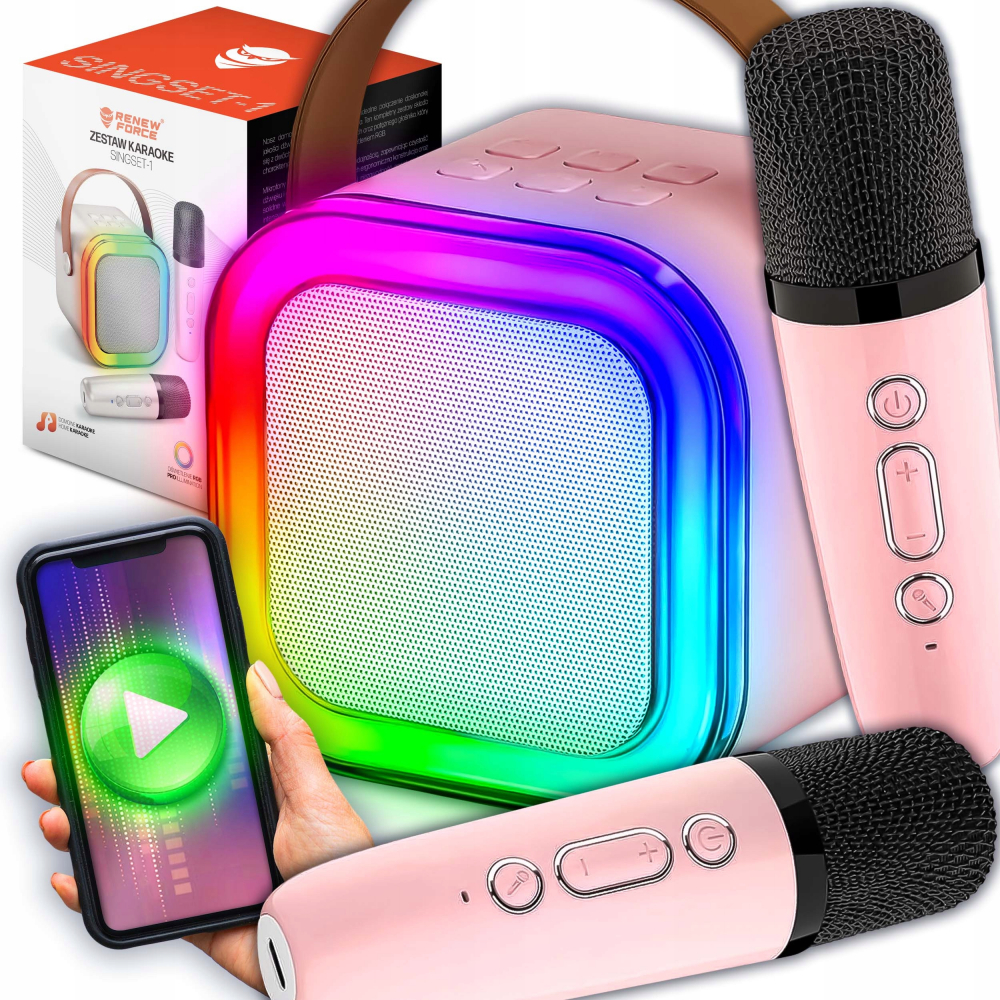 Set Boxa Bluetooth 5.3 Karaoke Cu 2 Microfoane Wireless, Pentru Adulti si Copii NewEvo®, Pentru Petreceri Si Spectacole, Lumini RGB, 4 Efecte Vocale, MicroSD Card, Type-C, Aux, Roz [2]