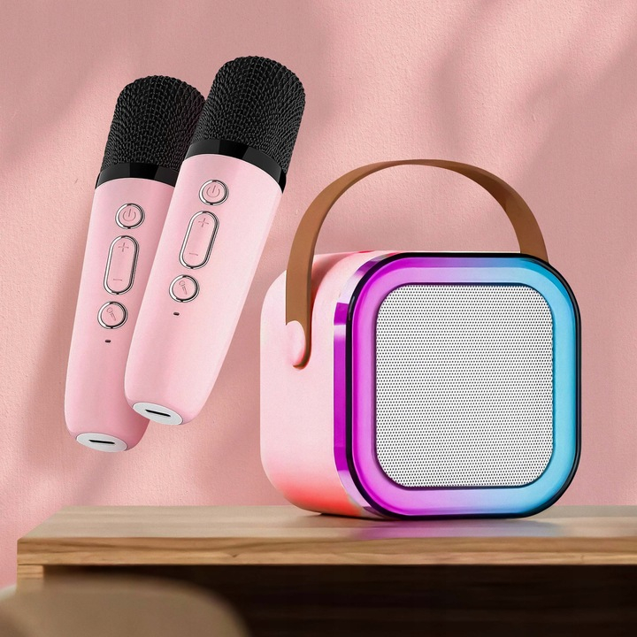 Set Boxa Bluetooth 5.3 Karaoke Cu 2 Microfoane Wireless, Pentru Adulti si Copii NewEvo®, Pentru Petreceri Si Spectacole, Lumini RGB, 4 Efecte Vocale, MicroSD Card, Type-C, Aux, Roz [7]