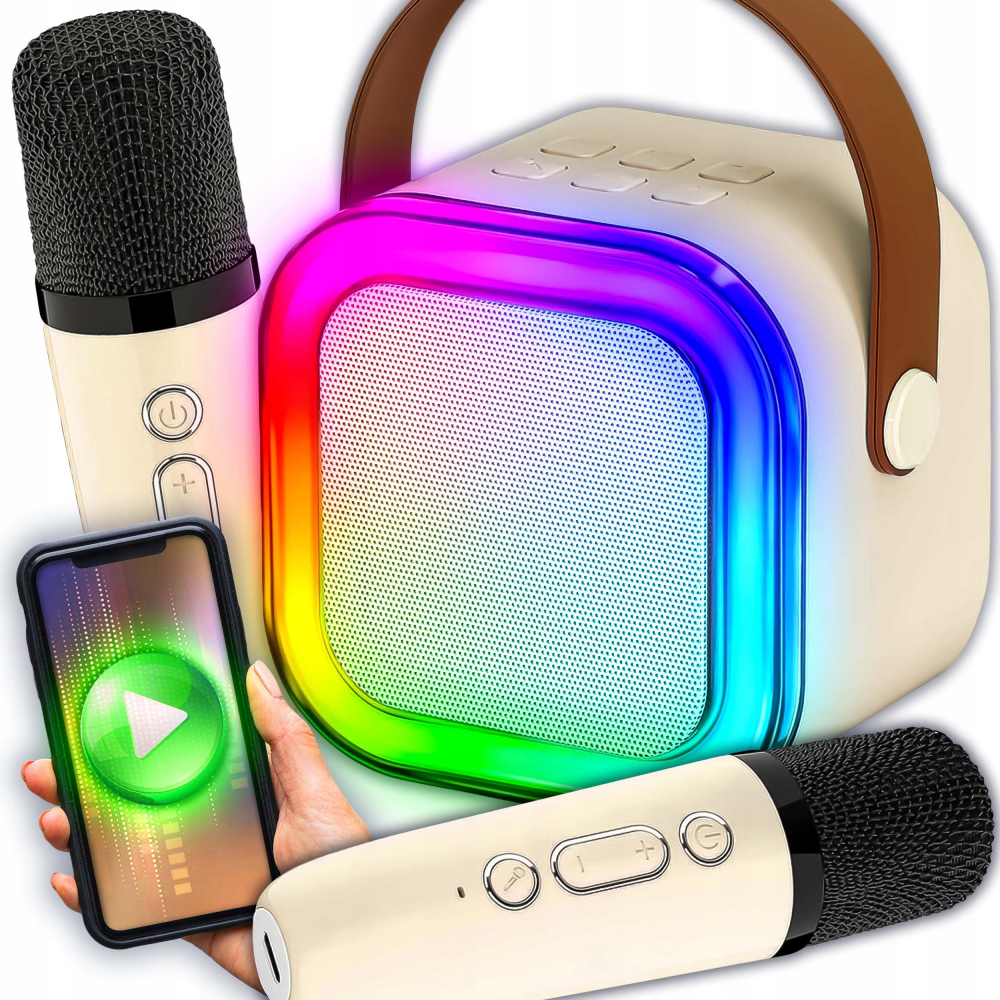 Set Boxa Bluetooth 5.3 Karaoke Cu 2 Microfoane Wireless, Pentru Adulti si Copii NewEvo®, Pentru Petreceri Si Spectacole, Lumini RGB, 4 Efecte Vocale, MicroSD Card, Type-C, Aux, Crem [6]