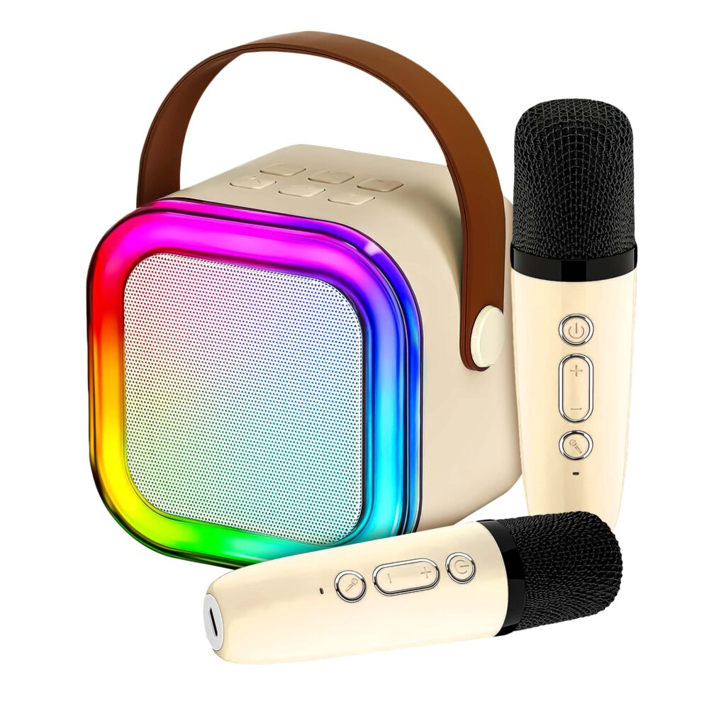 Set Boxa Bluetooth 5.3 Karaoke Cu 2 Microfoane Wireless, Pentru Adulti si Copii NewEvo®, Pentru Petreceri Si Spectacole, Lumini RGB, 4 Efecte Vocale, MicroSD Card, Type-C, Aux, Crem [1]