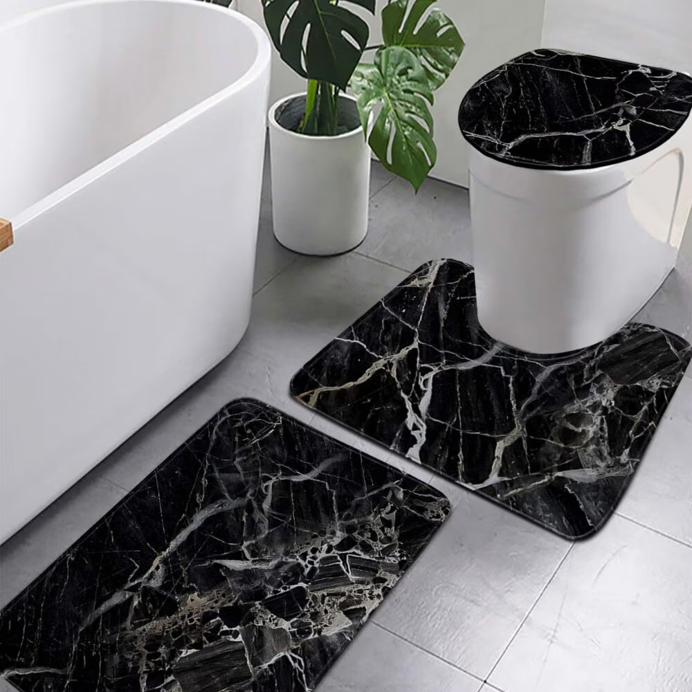 Set covoras de baie 3 piese, Antiderapante, Poliester, Lavabil la masina de spalat, 80x50, 50x38, 42x37, Model Marmura, Negru [2]