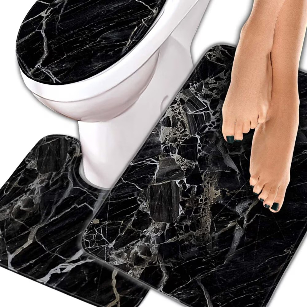 Set covoras de baie 3 piese, Antiderapante, Poliester, Lavabil la masina de spalat, 80x50, 50x38, 42x37, Model Marmura, Negru [3]