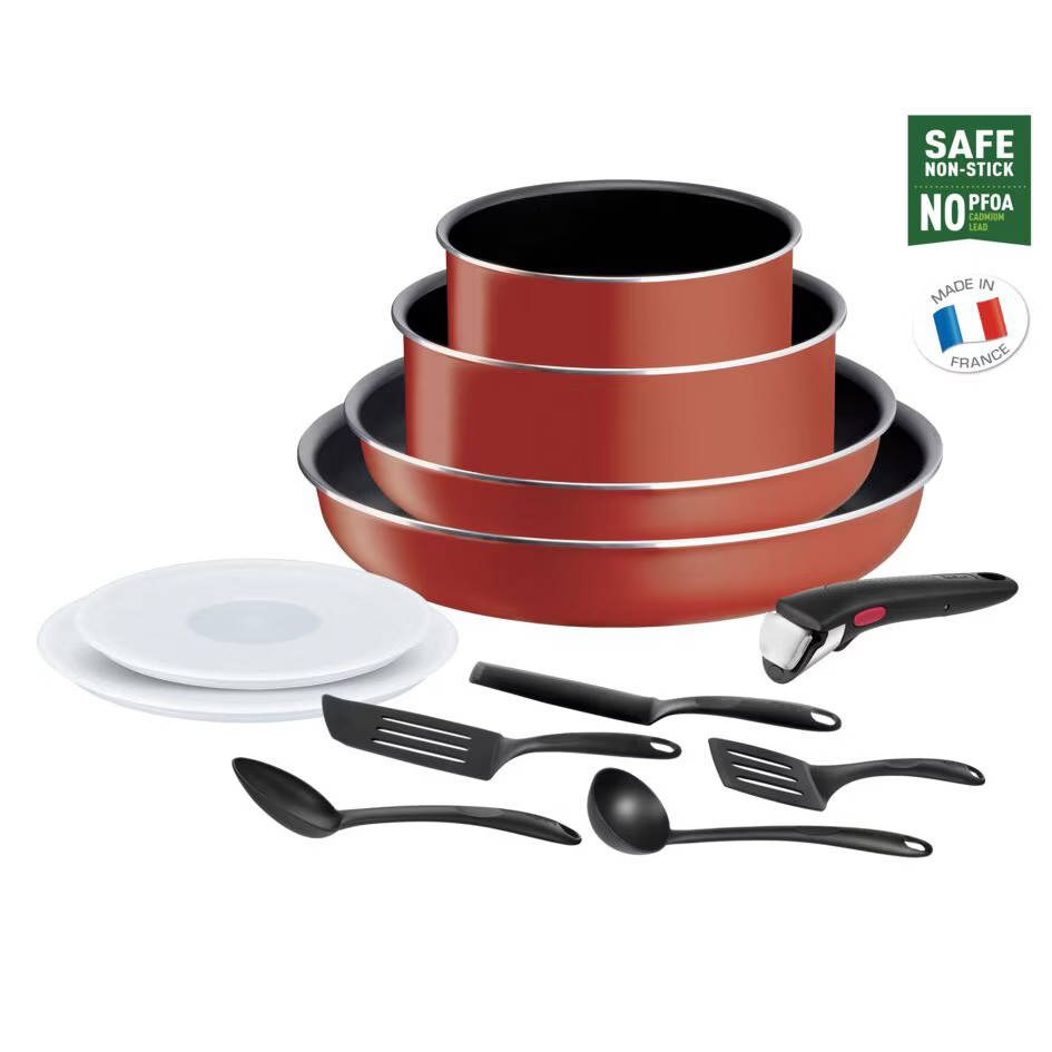 Set de 12 piese Tefal Ingenio Easy Cook & Clean, invelis antiaderent Titanium, indicator temperatura Thermo-Signal, maner detasabil, rosu [1]