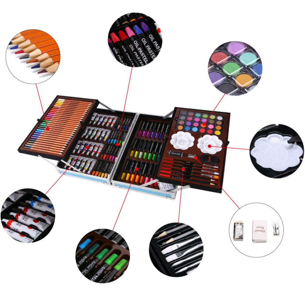 Set de pictura si desen NewEvo pentru copii, 145 de piese, Creioane colorate, Creioane cerate, Markere, Vopsele, Radiera și multe alte accesorii, Cutie Metalica, Model pisica si catel [2]