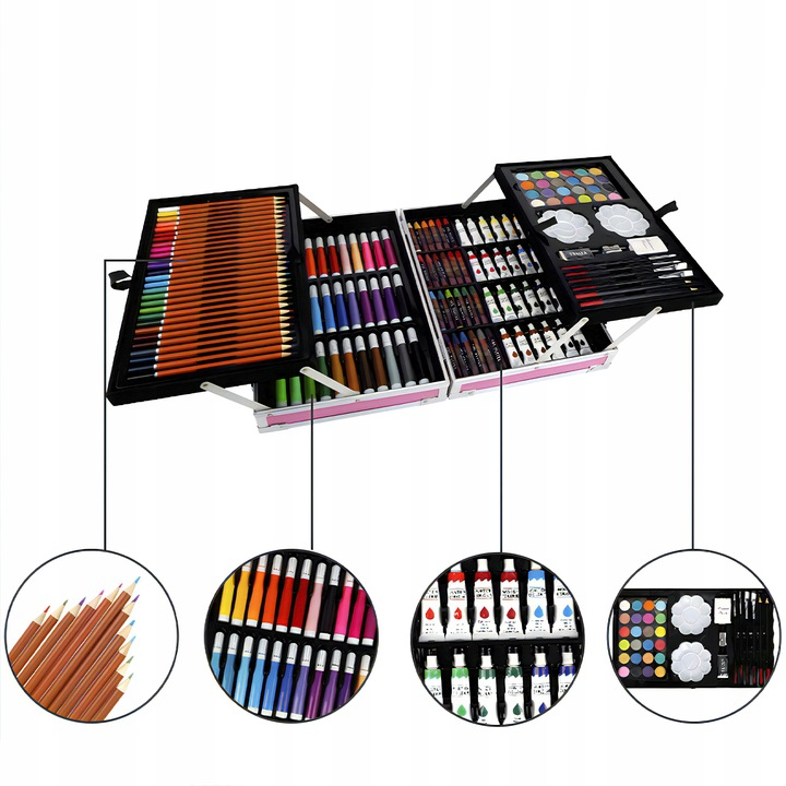 Set de pictura si desen NewEvo pentru copii, 145 de piese, Creioane colorate, Creioane cerate, Markere, Vopsele, Radiera și multe alte accesorii, Cutie Metalica, Model Zane [4]