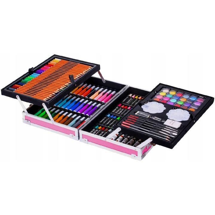 Set de pictura si desen NewEvo pentru copii, 145 de piese, Creioane colorate, Creioane cerate, Markere, Vopsele, Radiera și multe alte accesorii, Cutie Metalica, Model Zane [7]