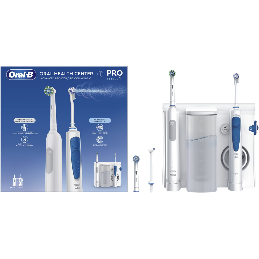 Set irigator bucal Oral-B Oral Health Center + Periuta de dinti electrica Pro Series 1, 5 program de presiune, 1 duza Oxyjet, 1 duza cu jet de apa, Curatare 3D, 2 capete, Alb [2]