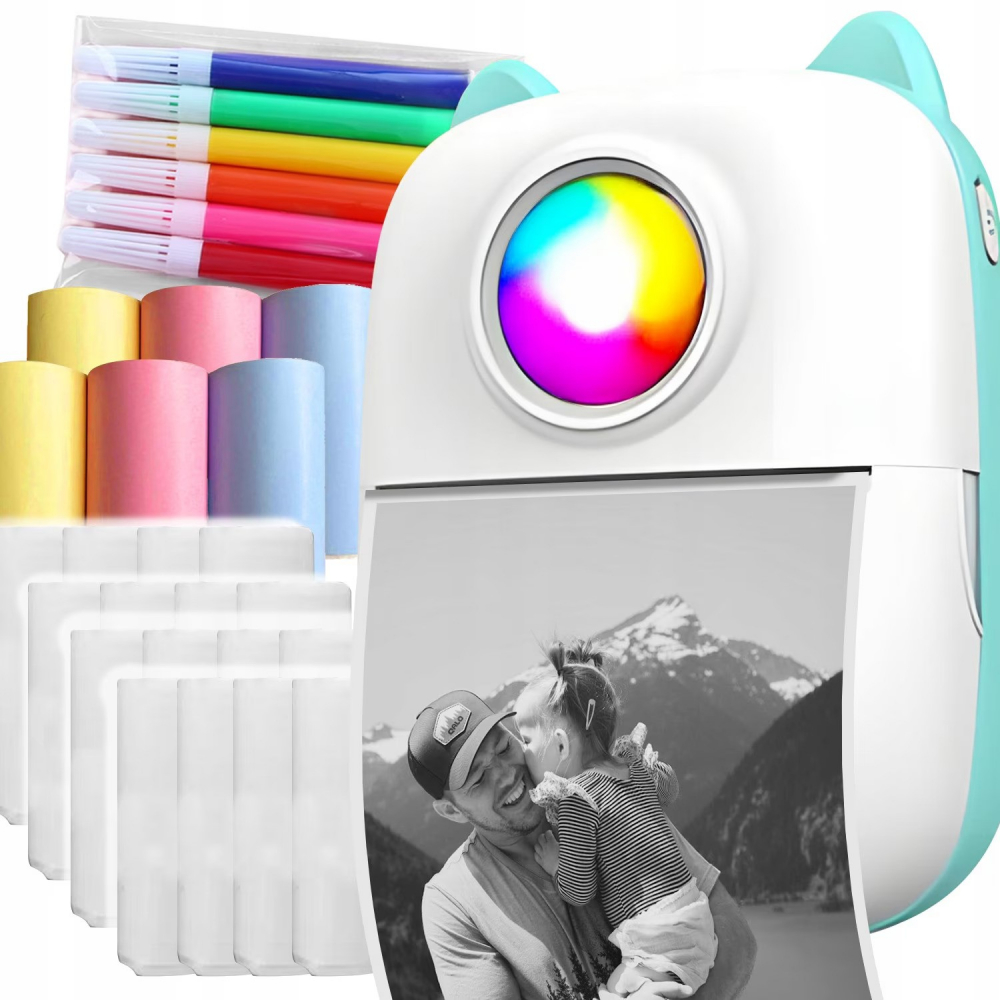 Set Mini imprimanta termica DexXer, 15 Role hartie termica alba, 6 Role hartie termica colorata, 5 Stilouri colorate pentru scris pe hartie termica, Bluetooth, compatibil iOS/Android, Imprimare App, 1 [1]