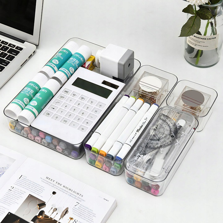 Set Organizator Sertar NewEvo, 25 Piese, 4 Marimi Diferite Pentru Depozitare Cosmetice, Bijuterii, Ustensile Bucatarie, Pixuri, Creioane, Piese Antialunecare, Diferite Configuratii, Transparent [6]