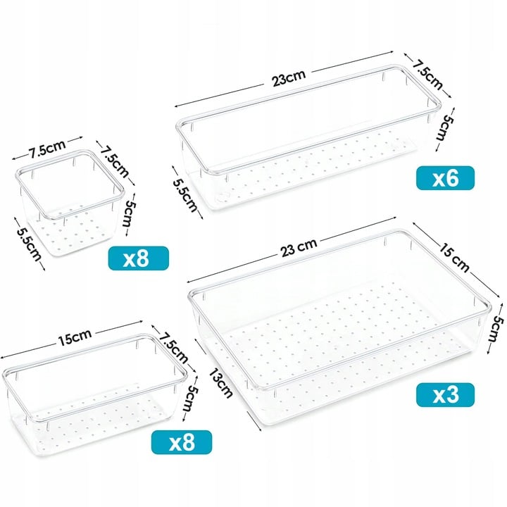 Set Organizator Sertar NewEvo, 25 Piese, 4 Marimi Diferite Pentru Depozitare Cosmetice, Bijuterii, Ustensile Bucatarie, Pixuri, Creioane, Piese Antialunecare, Diferite Configuratii, Transparent [2]