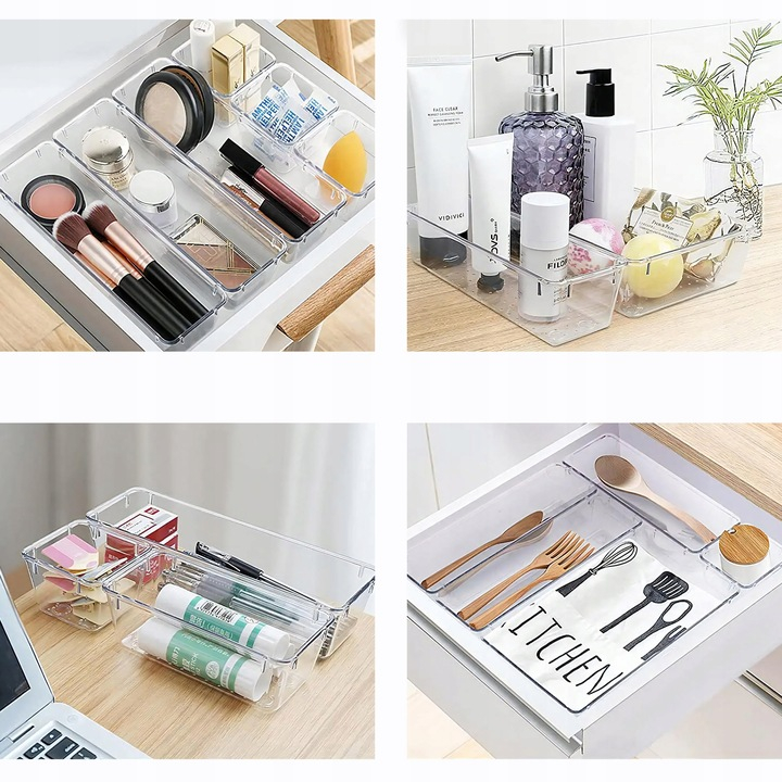 Set Organizator Sertar NewEvo, 25 Piese, 4 Marimi Diferite Pentru Depozitare Cosmetice, Bijuterii, Ustensile Bucatarie, Pixuri, Creioane, Piese Antialunecare, Diferite Configuratii, Transparent [4]