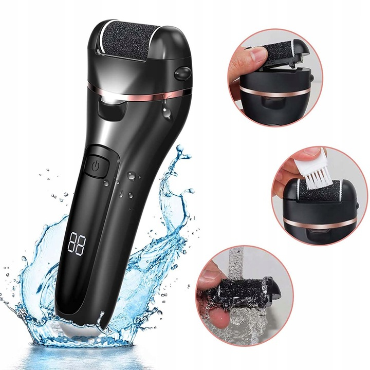 Set Pila electrica pentru talpi si calcaie NewEvo®, Display digital, Acumulator 1200 mAh, 2 viteze, 2400 rot/min, 6 Capete incluse, LED lanterna, Accesorii incluse, Indepartare piele moarta, Indeparta [4]