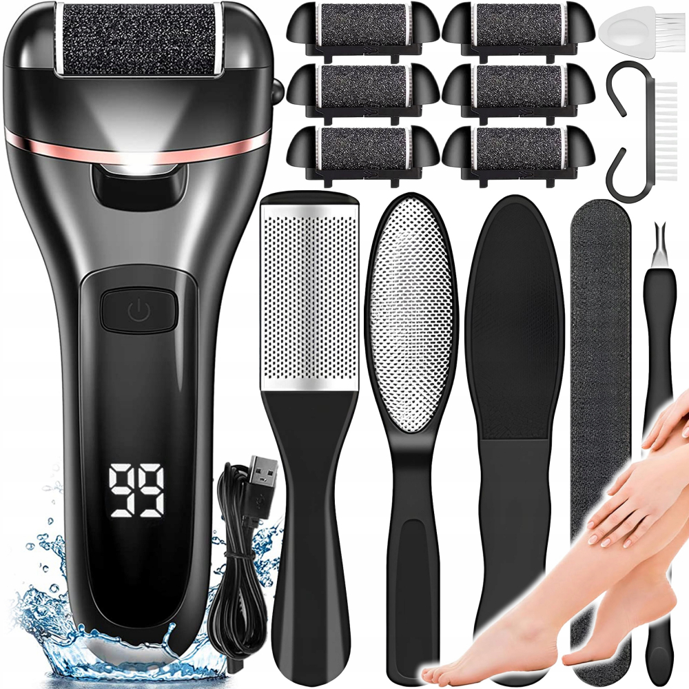 Set Pila electrica pentru talpi si calcaie NewEvo®, Display digital, Acumulator 1200 mAh, 2 viteze, 2400 rot/min, 6 Capete incluse, LED lanterna, Accesorii incluse, Indepartare piele moarta, Indeparta [2]