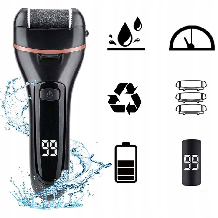 Set Pila electrica pentru talpi si calcaie NewEvo®, Display digital, Acumulator 1200 mAh, 2 viteze, 2400 rot/min, 6 Capete incluse, LED lanterna, Accesorii incluse, Indepartare piele moarta, Indeparta [10]