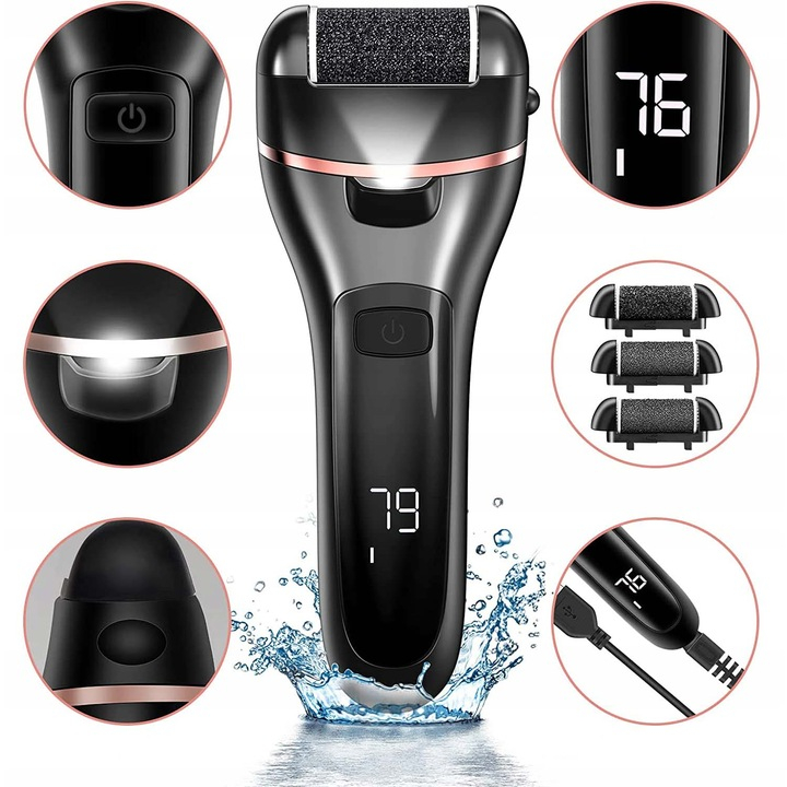 Set Pila electrica pentru talpi si calcaie NewEvo®, Display digital, Acumulator 1200 mAh, 2 viteze, 2400 rot/min, 6 Capete incluse, LED lanterna, Accesorii incluse, Indepartare piele moarta, Indeparta [3]