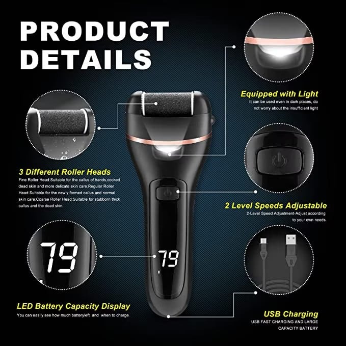 Set Pila electrica pentru talpi si calcaie, Display digital, Acumulator 1200 mAh, 2 viteze, 2000 rot/min, 3 Capete incluse, LED lanterna, Accesorii incluse, Indepartare piele moarta, Indepartare calus, Negru [8]