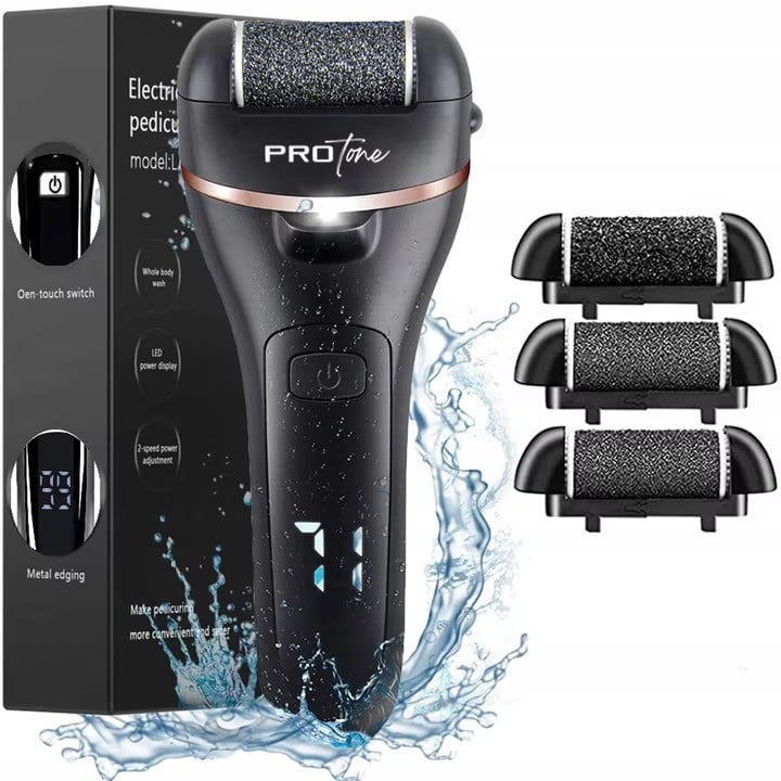 Set Pila electrica pentru talpi si calcaie, Display digital, Acumulator 1200 mAh, 2 viteze, 2000 rot/min, 3 Capete incluse, LED lanterna, Accesorii incluse, Indepartare piele moarta, Indepartare calus, Negru [9]