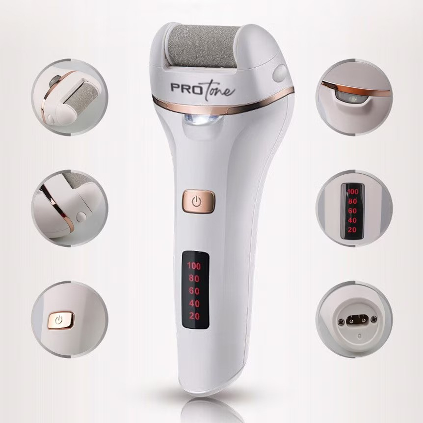 Set Pila electrica pentru talpi si calcaie, PROtone, Display digital, Acumulator 1200 mAh, Incarcare USB, Impermeabil, 2 viteze, 2400 rot/min, 3 Capete incluse, LED lanterna, Indepartare piele moarta, [3]