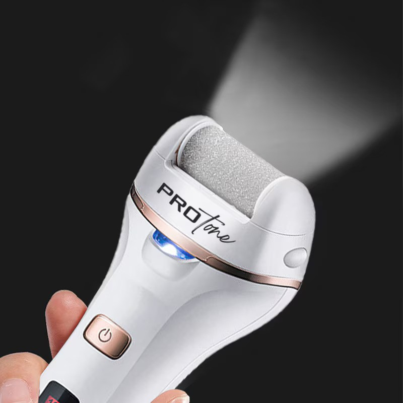 Set Pila electrica pentru talpi si calcaie, PROtone, Display digital, Acumulator 1200 mAh, Incarcare USB, Impermeabil, 2 viteze, 2400 rot/min, 3 Capete incluse, LED lanterna, Indepartare piele moarta, [8]