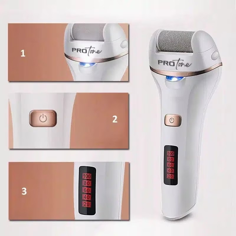 Set Pila electrica pentru talpi si calcaie, PROtone, Display digital, Acumulator 1200 mAh, Incarcare USB, Impermeabil, 2 viteze, 2400 rot/min, 3 Capete incluse, LED lanterna, Indepartare piele moarta, [5]