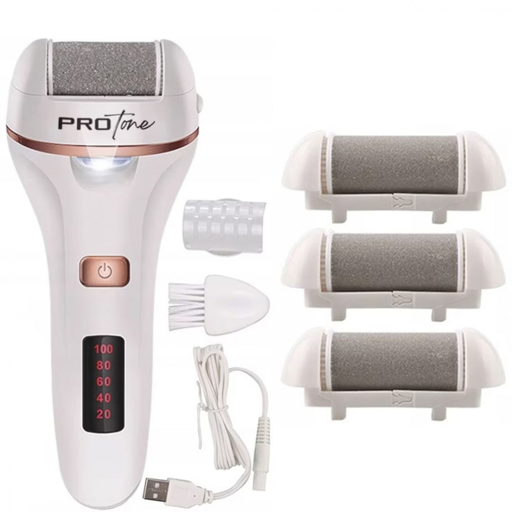Set Pila electrica pentru talpi si calcaie, PROtone, Display digital, Acumulator 1200 mAh, Incarcare USB, Impermeabil, 2 viteze, 2400 rot/min, 3 Capete incluse, LED lanterna, Indepartare piele moarta, [2]