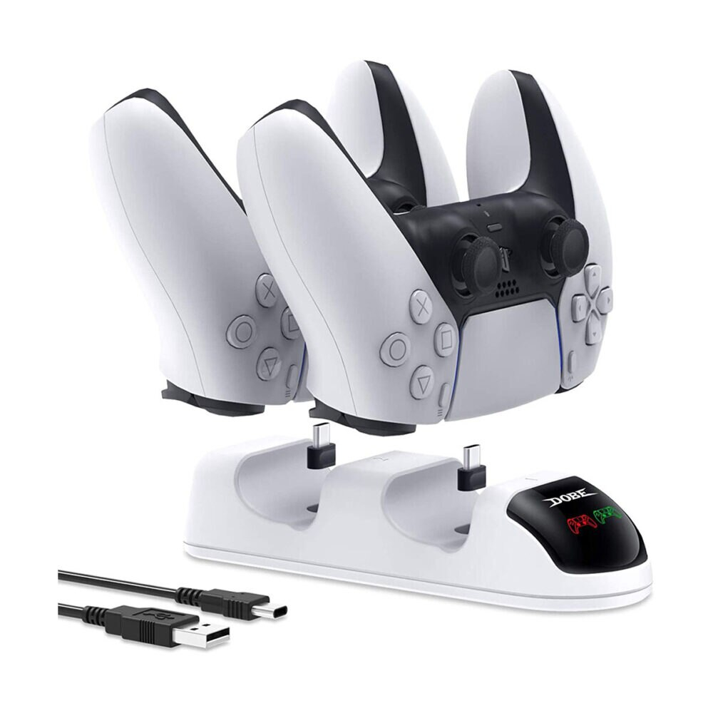 Statie de incarcare controller PS5 Dobe, stand dublu, incarcare rapida, indicator incarcare, Alb [2]