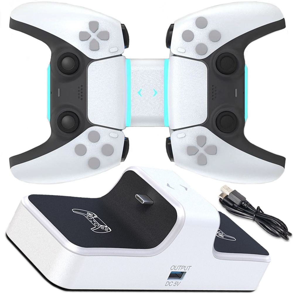 Statie de incarcare controller PS5 Honcam, stand dublu, incarcare rapida, indicator incarcare, Alb/Negru [2]