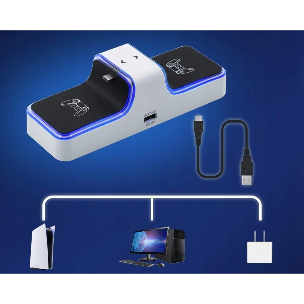 Statie de incarcare controller PS5 Honcam, stand dublu, incarcare rapida, indicator incarcare, Alb/Negru [6]
