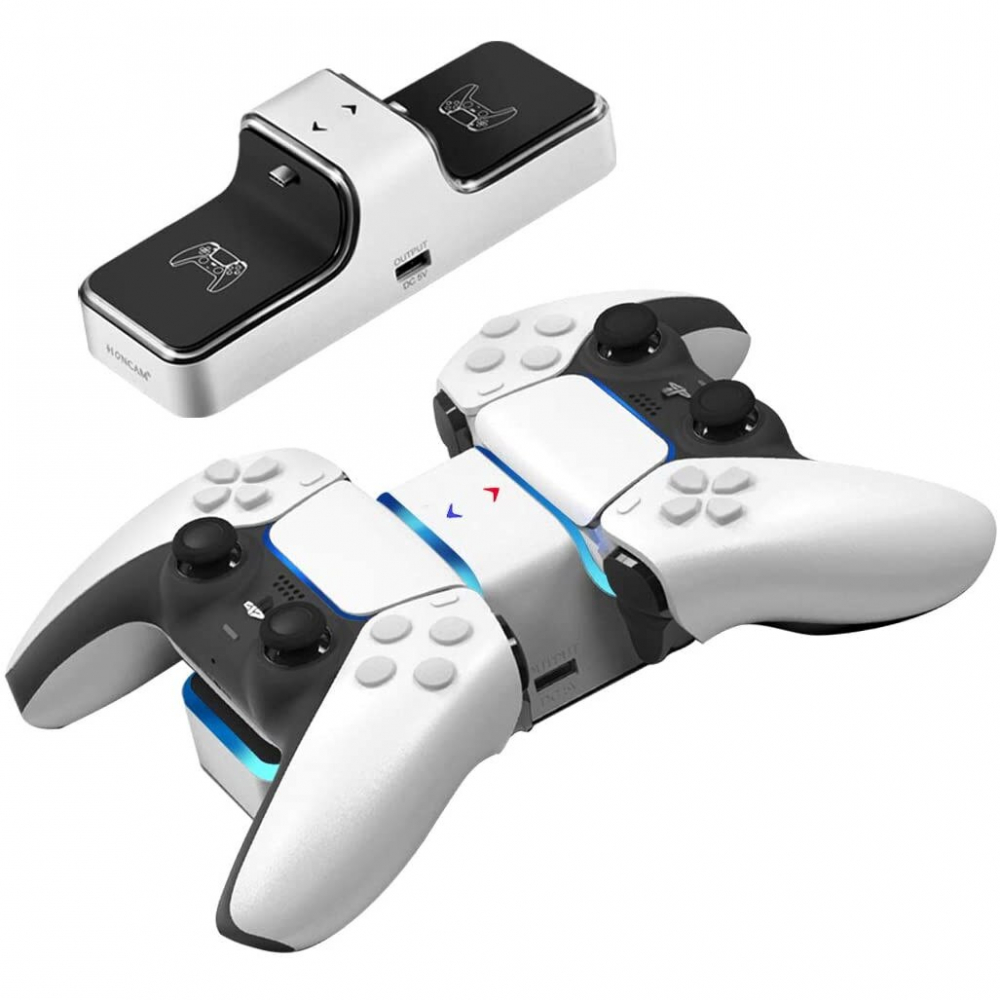 Statie de incarcare controller PS5 Honcam, stand dublu, incarcare rapida, indicator incarcare, Alb/Negru [3]
