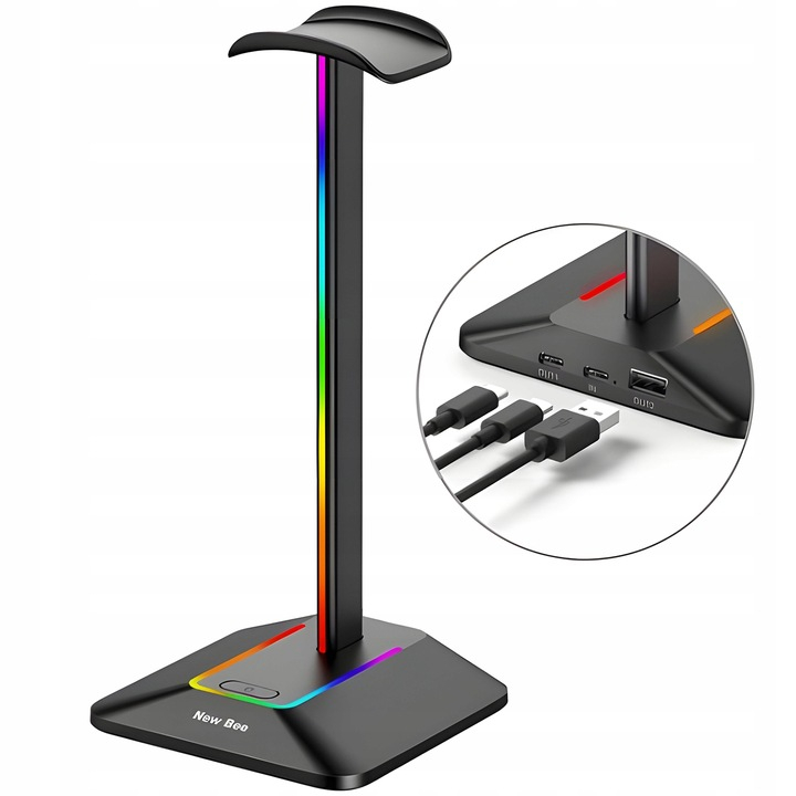 Suport Casti Gaming, Iluminare RGB, Antiderapant, USB, Moduri de Lumina Multiple, Negru [6]