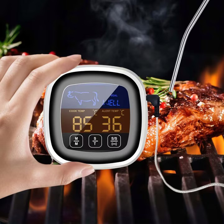 Termometru Digital de Bucatarie NewEvo®, pentru Carne, Lichide, Display Touch Screen, Functie Citire Rapida, Temporizator, Alarma, 8 Tipuri de Carne, 5 Trepte Gatire, Suport Magnetic, Sonda Digitala, Cablu 122 cm, Gratar, Cuptor, BBQ, Argintiu [9]