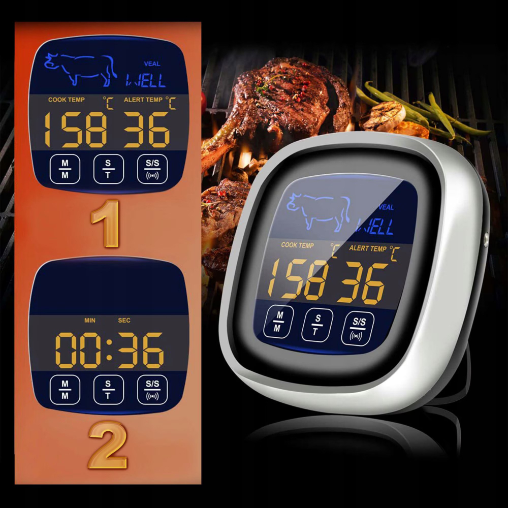 Termometru Digital de Bucatarie NewEvo®, pentru Carne, Lichide, Display Touch Screen, Functie Citire Rapida, Temporizator, Alarma, 8 Tipuri de Carne, 5 Trepte Gatire, Suport Magnetic, Sonda Digitala, Cablu 122 cm, Gratar, Cuptor, BBQ, Argintiu [3]