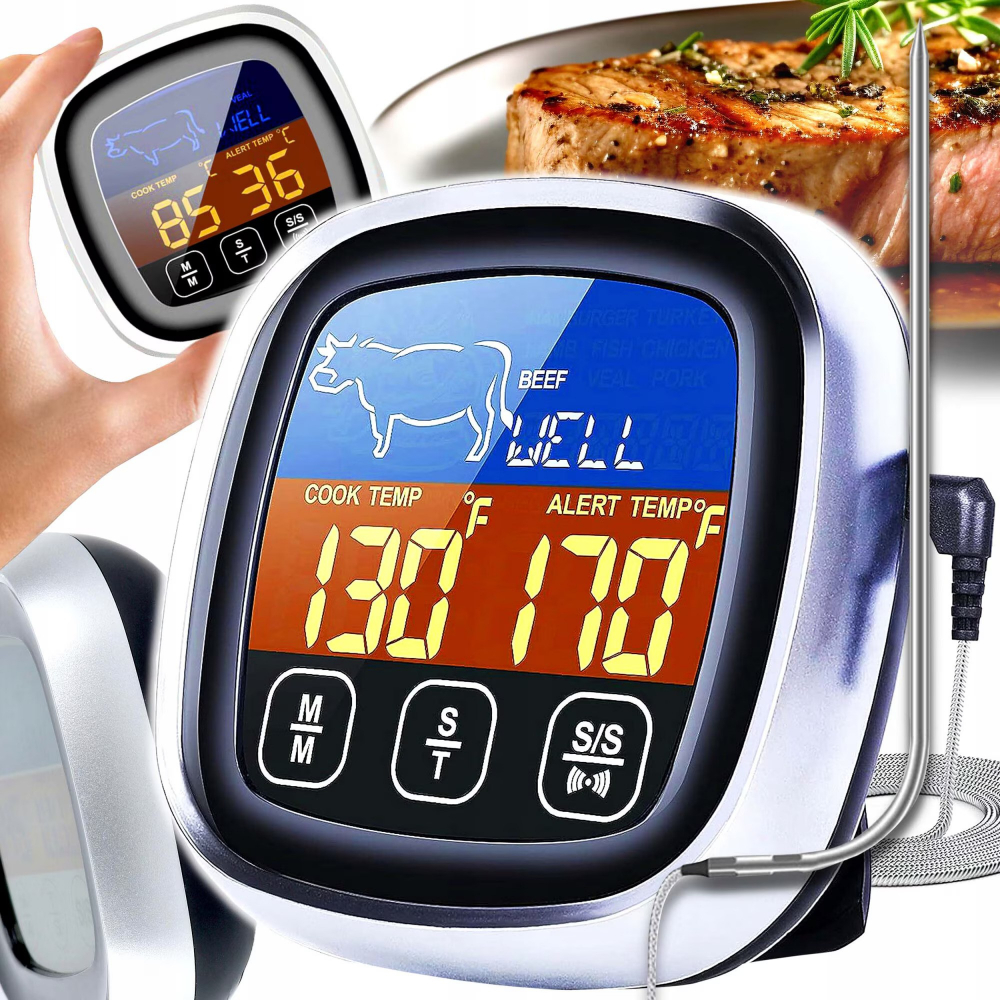 Termometru Digital de Bucatarie NewEvo®, pentru Carne, Lichide, Display Touch Screen, Functie Citire Rapida, Temporizator, Alarma, 8 Tipuri de Carne, 5 Trepte Gatire, Suport Magnetic, Sonda Digitala, Cablu 122 cm, Gratar, Cuptor, BBQ, Argintiu [10]