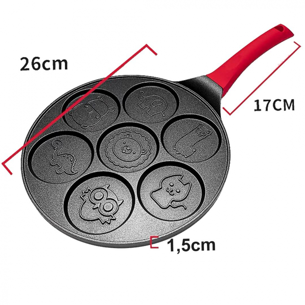 Tigaie pentru clatite cu 7 Forme Animale, din aluminiu si otel inoxidabil, atat pentru aragazul normal cat si pentru cel vitroceramic si electric, Dimensiune tigaie 26 cm, Negru Rosu [2]