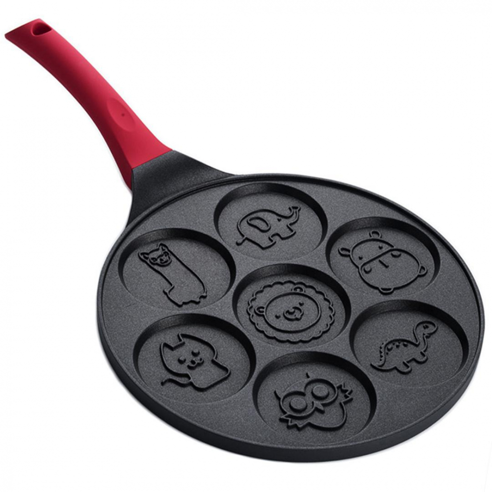 Tigaie pentru clatite cu 7 Forme Animale, din aluminiu si otel inoxidabil, atat pentru aragazul normal cat si pentru cel vitroceramic si electric, Dimensiune tigaie 26 cm, Negru Rosu [1]
