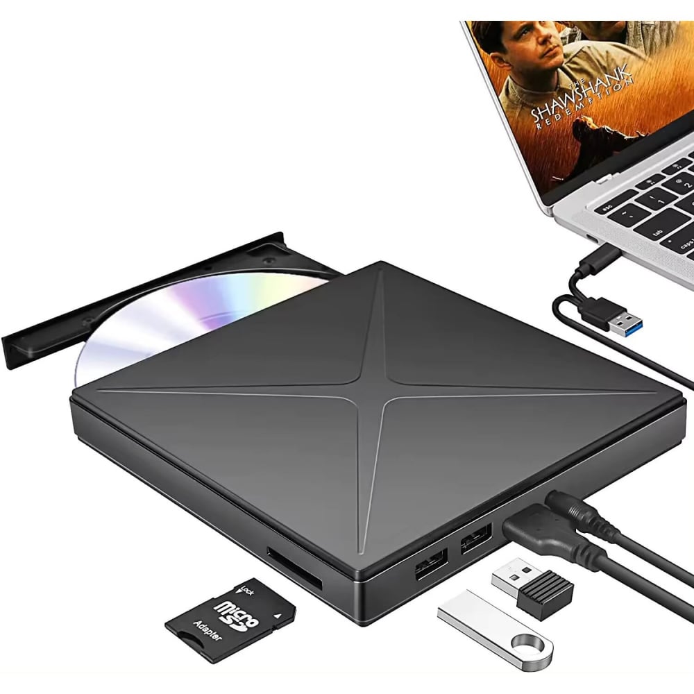 Unitate DVD CD RW externa portabila NewEvo, Port Usb C, Hub USB 3.0, Cititor de carduri SD, Disk Burner, Reader DVD Player pentru Windows 10, Laptop, PC, Negru [2]