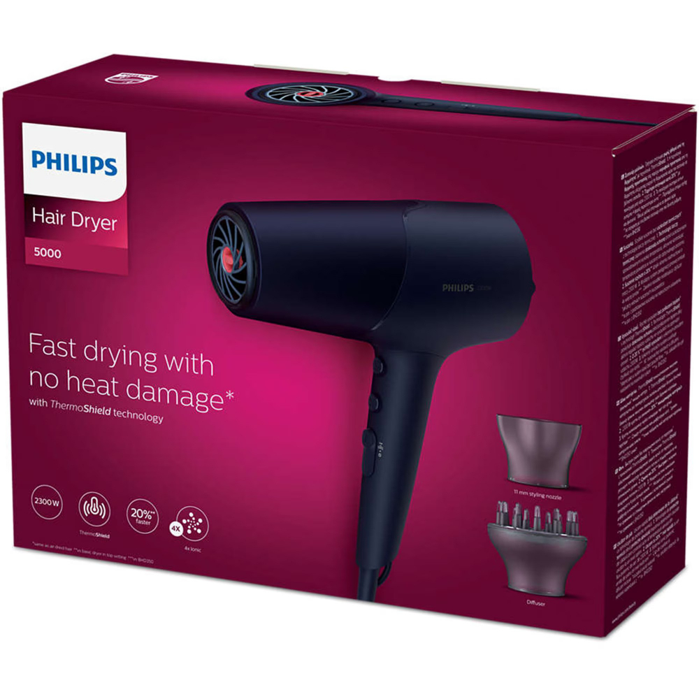 Uscator de par Philips BHD510/00, 2300W, tehnologie ThermoShield, ingrijire cu ioni, 2 setari de viteza, 3 setari de temperatura, difuzor, cap de coafare 11 mm, Albastru inchis metalizat [8]