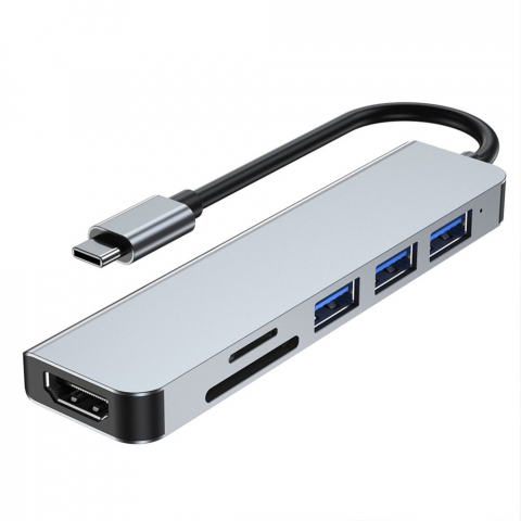 PC, Periferice & Software - Adaptor Hub USB Type-C 3.1 Multiport 6 in 1 la HDMI 4K 30HZ, 2 x USB 3.0, PD 60W Charging Port, SD/TF Card Reader, Docking Station pentru Laptop Lenovo, Dell, HP, Asus, Acer, Apple MacBook Air/Pro, Chromebook, Tableta, NewEvo® , Gri