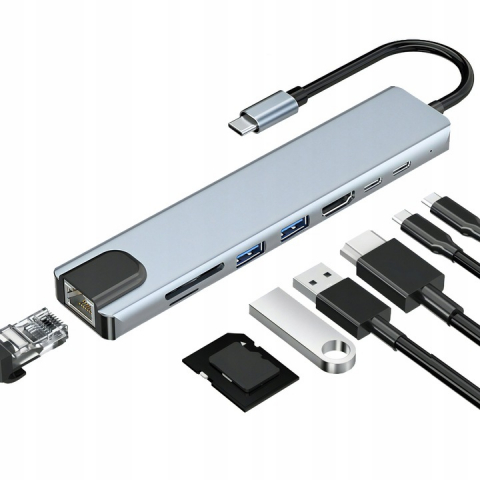 PC, Periferice & Software - Adaptor Hub USB Type-C 3.1 Multiport 8 in 1 la HDMI 4K, LAN RJ45 Ethernet, 1 x USB Type-C, 2 x USB-A, PD 87W Charging Port, SD/TF Card Reader, Docking Station Laptop Lenovo, Dell, HP, Asus, Acer, Apple MacBook Air/Pro, Chromebook, Tableta, NewEvo®, Gri
