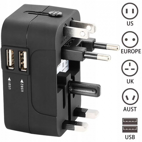Adaptor incarcator universal de calatorie cu 2xUSB pentru EU, USA, UK, AUST, Negru [1]