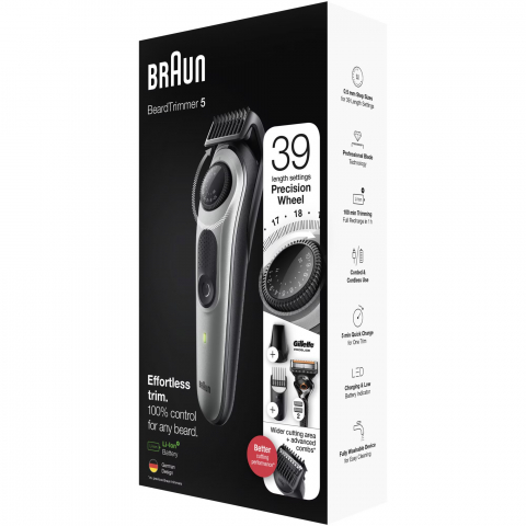 Aparat de tuns barba Braun Beard Trimmer BT5360, Wet&Dry, buton rotativ de precizie, 39 de setari pentru lungime, 1 cap de tundere, 2 piepteni, 1 aparat de ras Gillette, autonomie 100 minute, Negru/Ar [1]