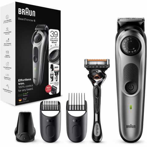 Aparat de tuns barba Braun Beard Trimmer BT5360, Wet&Dry, buton rotativ de precizie, 39 de setari pentru lungime, 1 cap de tundere, 2 piepteni, 1 aparat de ras Gillette, autonomie 100 minute, Negru/Ar [0]