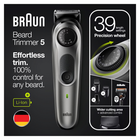 Aparat de tuns barba Braun Beard Trimmer BT5360, Wet&Dry, buton rotativ de precizie, 39 de setari pentru lungime, 1 cap de tundere, 2 piepteni, 1 aparat de ras Gillette, autonomie 100 minute, Negru/Ar [3]
