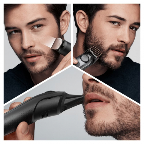 Aparat de tuns barba Braun Beard Trimmer BT7340, Wet&Dry, buton rotativ de precizie, lame de metal, 39 de setări pentru lungime, 2 piepteni, 2 accesorii extra, Aparat de ras Gillette, Saculet de voiaj [7]